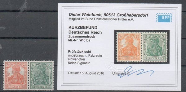 Deutsches Reich Zusammendruck W6ba mit Kurzbefund Weinbuch ungebraucht/ *