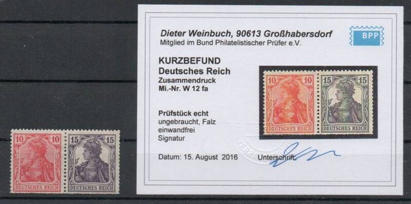 Deutsches Reich Zusammendruck W12fa mit Kurzbefund Weinbuch ungebraucht/ *