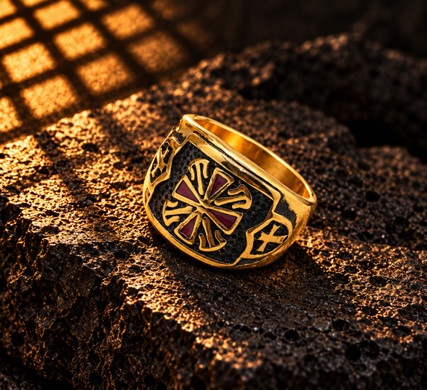 Anillo con cruz ornamental roja fondo negro y detalles dorados