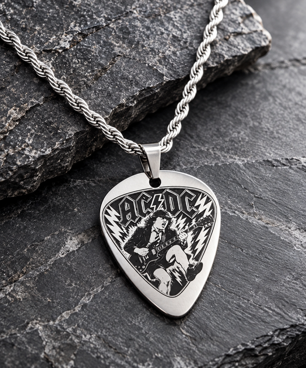 Colgante Púa de Guitarra AC DC Plateado con Cadena