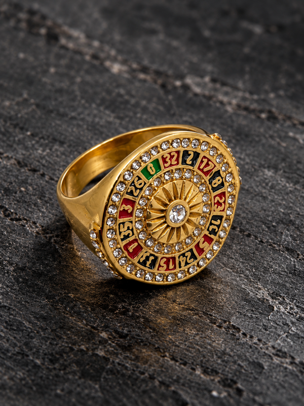 Anillo Ruleta de Casino Dorado con Circonitas para Hombre