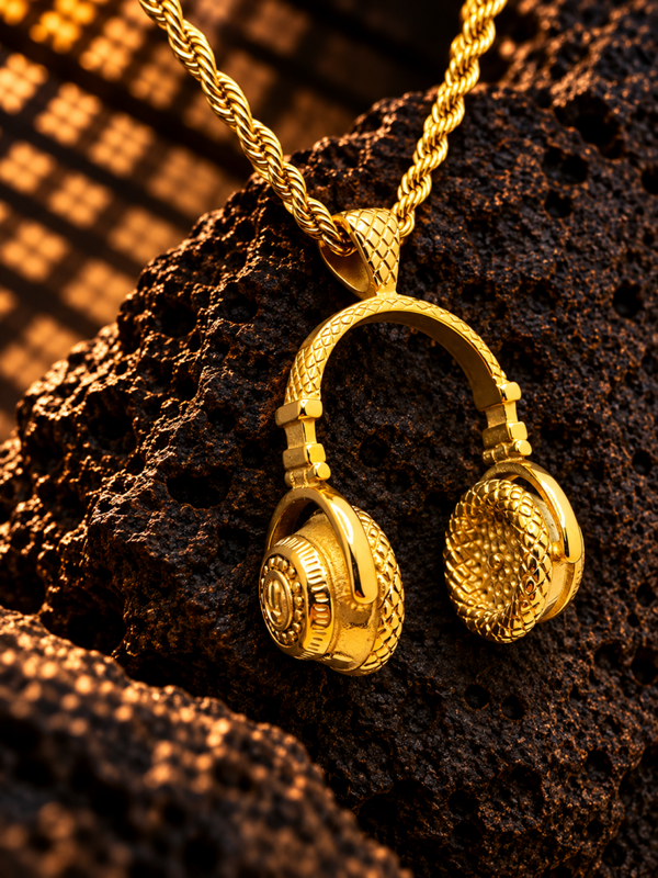 Colgante auriculares musicales para hombre con cadena trenzada en acero quirúrgico chapado en oro