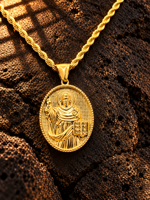 Collar con medallón de San Benito en relieve chapado en oro