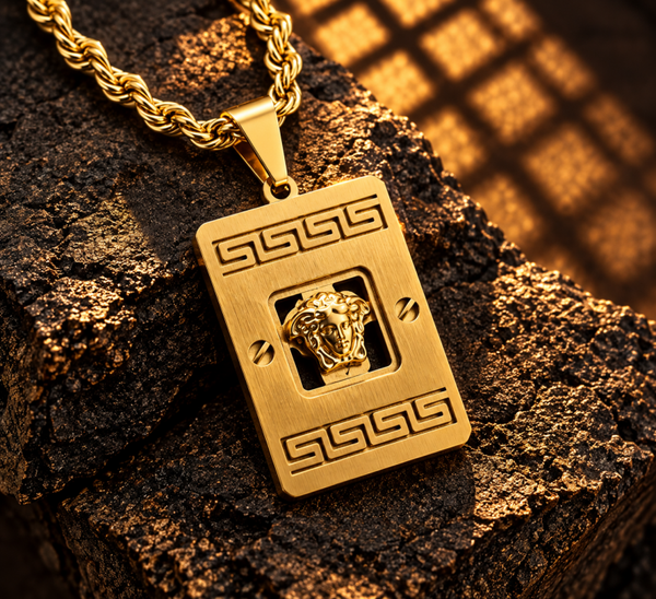 Collar dorado con medallón rectangular de Medusa y grecas