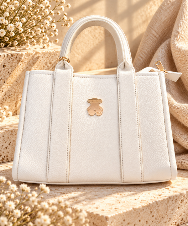 Bolso blanco estructurado con asas dobles y detalle decorativo