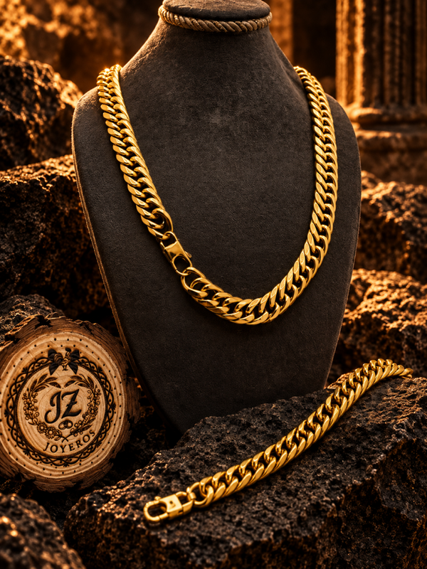 Conjunto de cadena y pulsera cubanas en acero quirúrgico chapado en oro