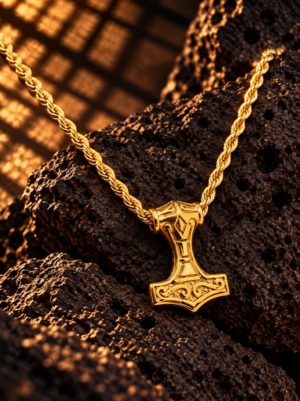 Colgante martillo de Thor con detalles ornamentales en acero quirúrgico chapado en oro