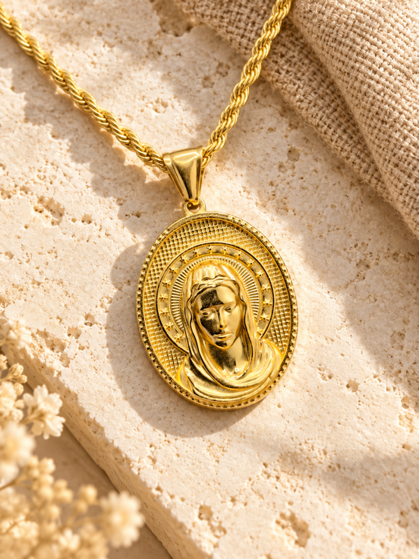 Medalla de la Virgen con aureola en acero quirúrgico chapado en oro