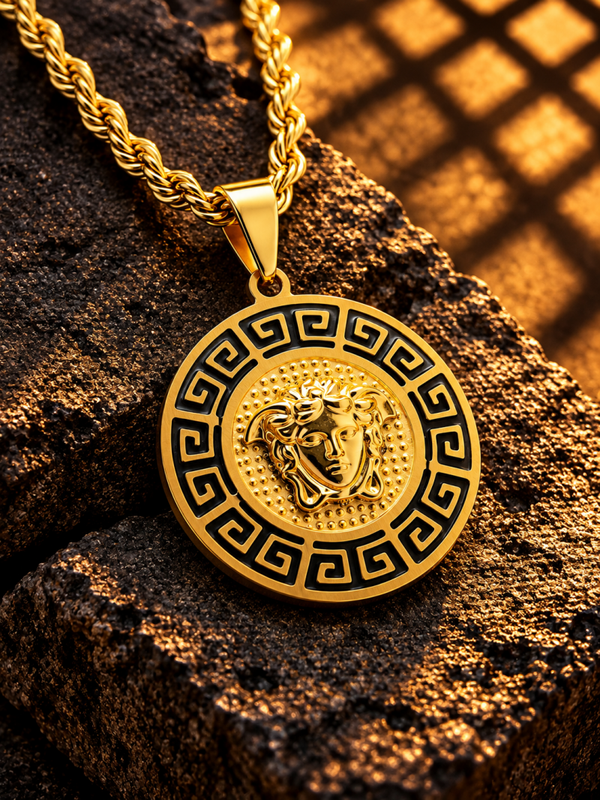 Collar con medallón circular de Medusa y greca troquelada