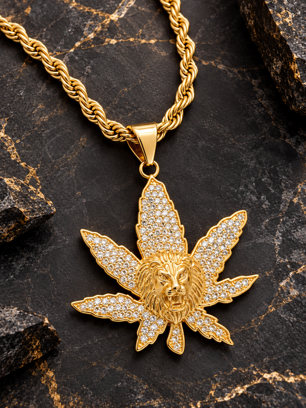Colgante Dorado Hoja con León y Circonitas para Hombre