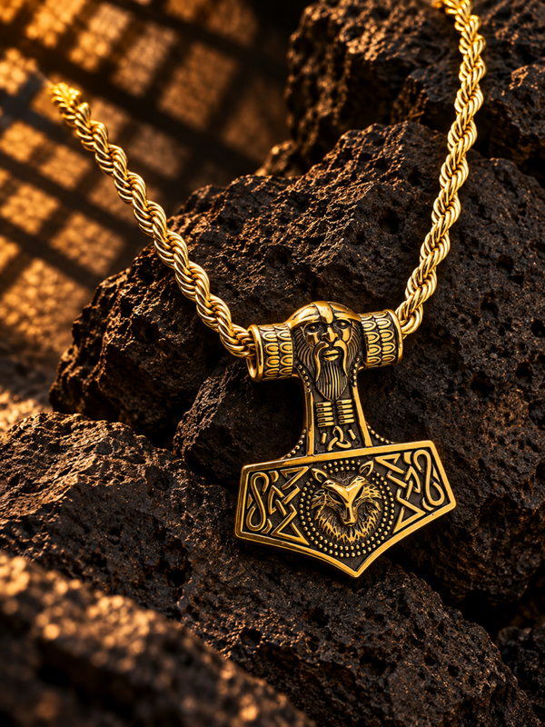 Colgante martillo de Thor con cadena trenzada en acero quirúrgico chapado en oro