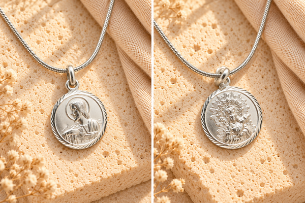 Medallón religioso reversible de Jesús y la Virgen con el Niño en plata de ley