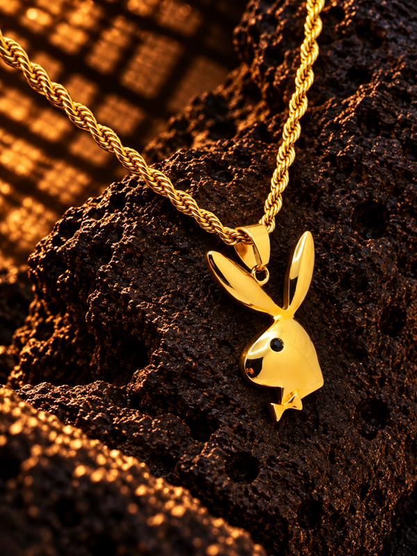 Colgante conejito Playboy con cadena trenzada en acero quirúrgico chapado en oro