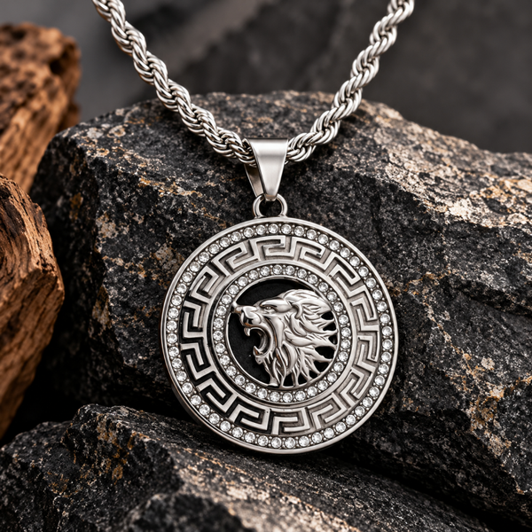 Collar con medallón de león greca ornamental y circonitas acero quirúrgico