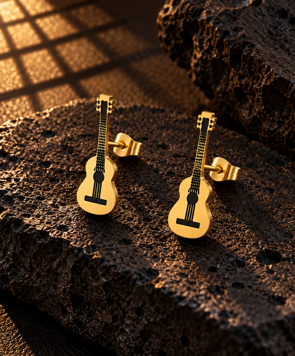 Pendientes de guitarra en acero quirúrgico chapado en oro
