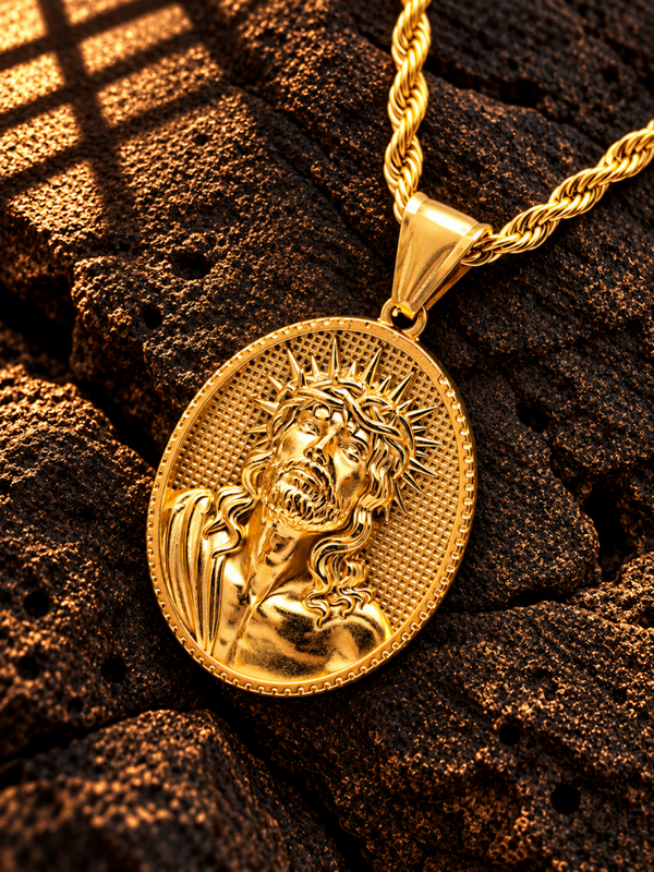 Collar con medallón ovalado de Jesucristo y corona de espinas
