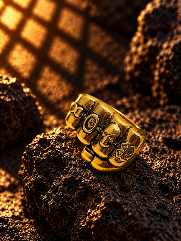 Anillo Masculino con Diseño de Puño en Acero Quirúrgico Chapado en Oro