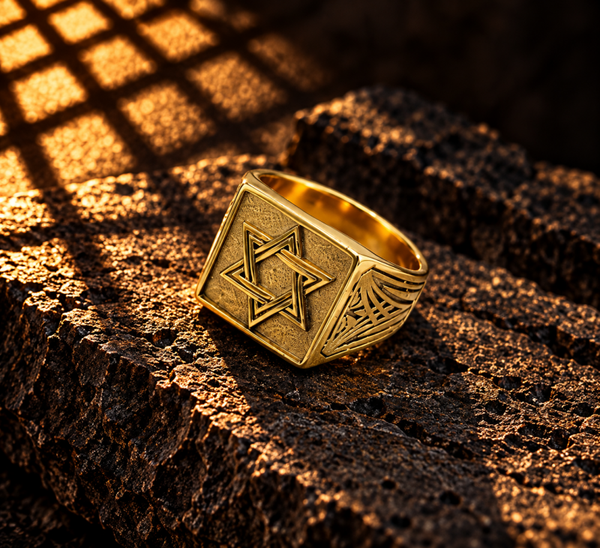 Anillo con estrella de David y detalles geométricos