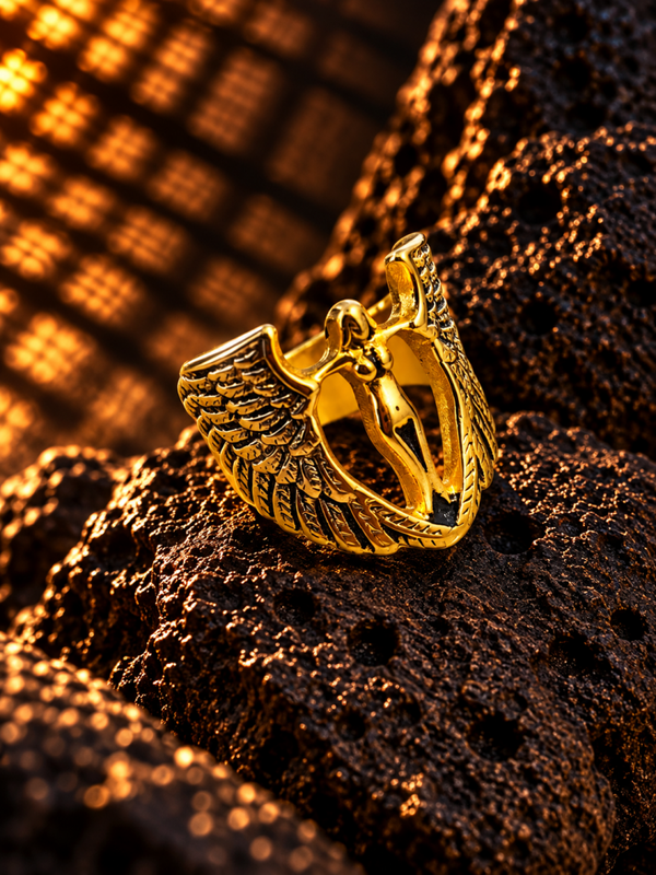 Anillo de ángel con alas para hombre en acero quirúrgico chapado en oro