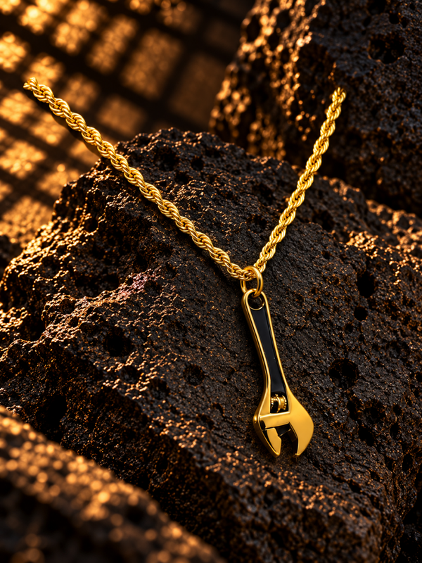 Colgante llave inglesa para hombre con cadena trenzada en acero quirúrgico chapado en oro