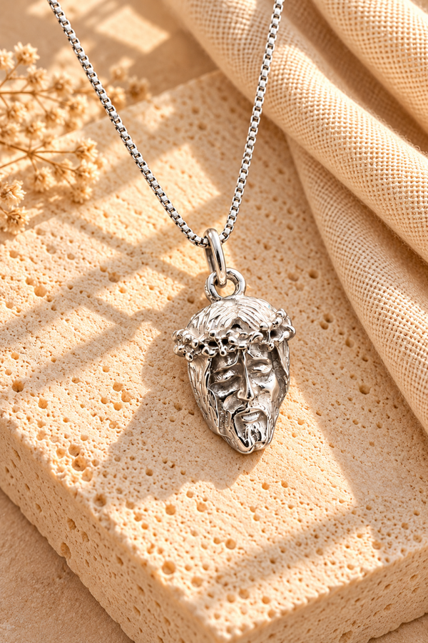 Colgante del rostro de Cristo antiguo con cadena de plata de ley