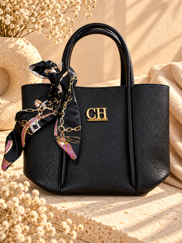 Bolso negro de mano con textura granulada y pañuelo estampado