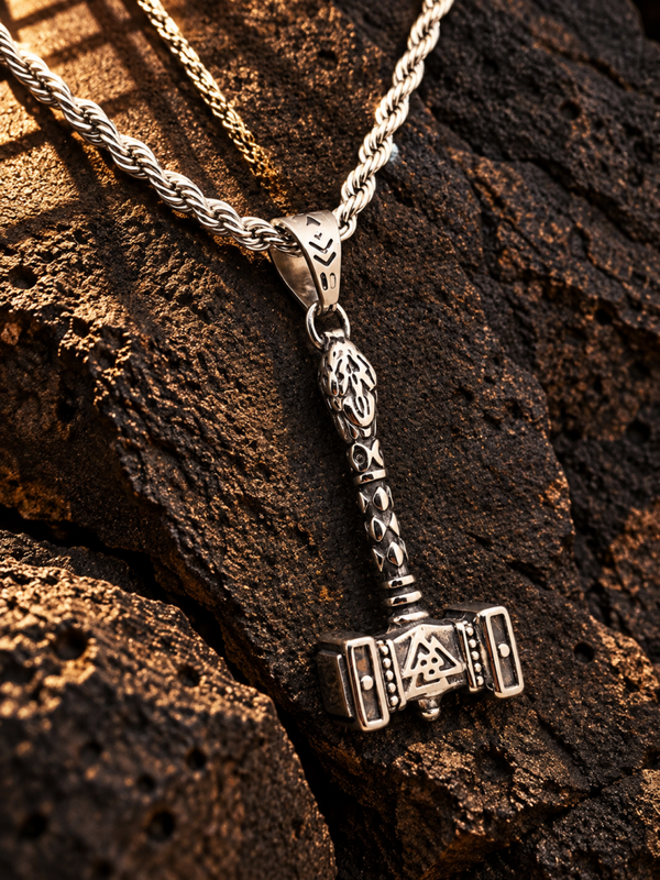 Collar masculino con martillo nórdico y cadena trenzada plateada