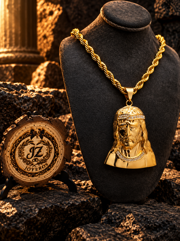 Colgante grande cabeza de Jesucristo con circonitas y cordón de acero quirúrgico chapado en oro
