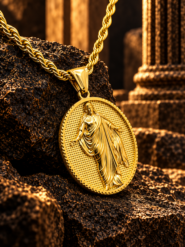 Medalla ovalada de Jesucristo en acero quirúrgico chapado en oro