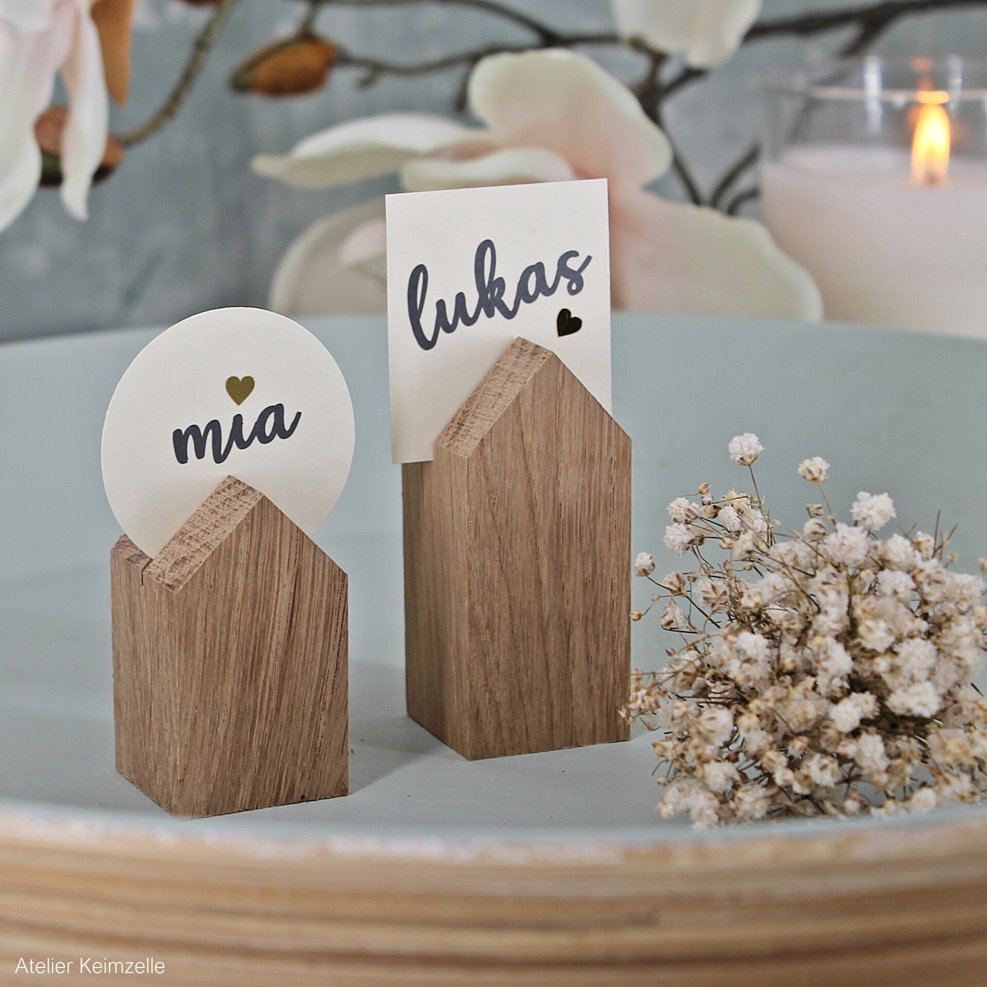 Platzkartenhalter, Holzhäuschen, Eiche massiv, Größenauswahl, Gastgeschenk, Taufe, Hochzeit