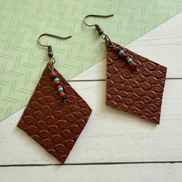 Embossed Leather Diamond Earrings with Tribal Bead Accent – Boho Western Style