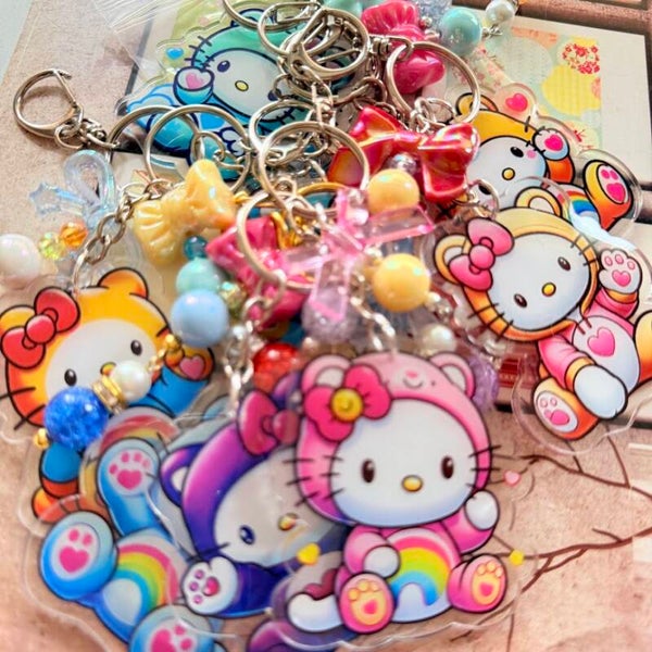 Cute Rainbow Hoodie Bear Kitty Acrylic Keychain – Beaded Acrylic Charm, 8 Styles Available