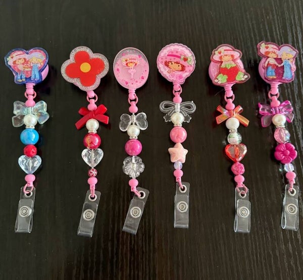Strawberry Girl Beaded Badge Reel | Cute Acrylic ID Holder with Beads & Charms | Nurse Badge Clip | 6 Styles