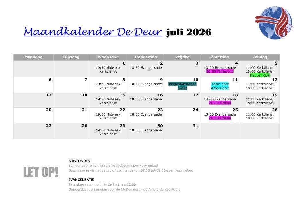 maandkalender voor de deur kerk