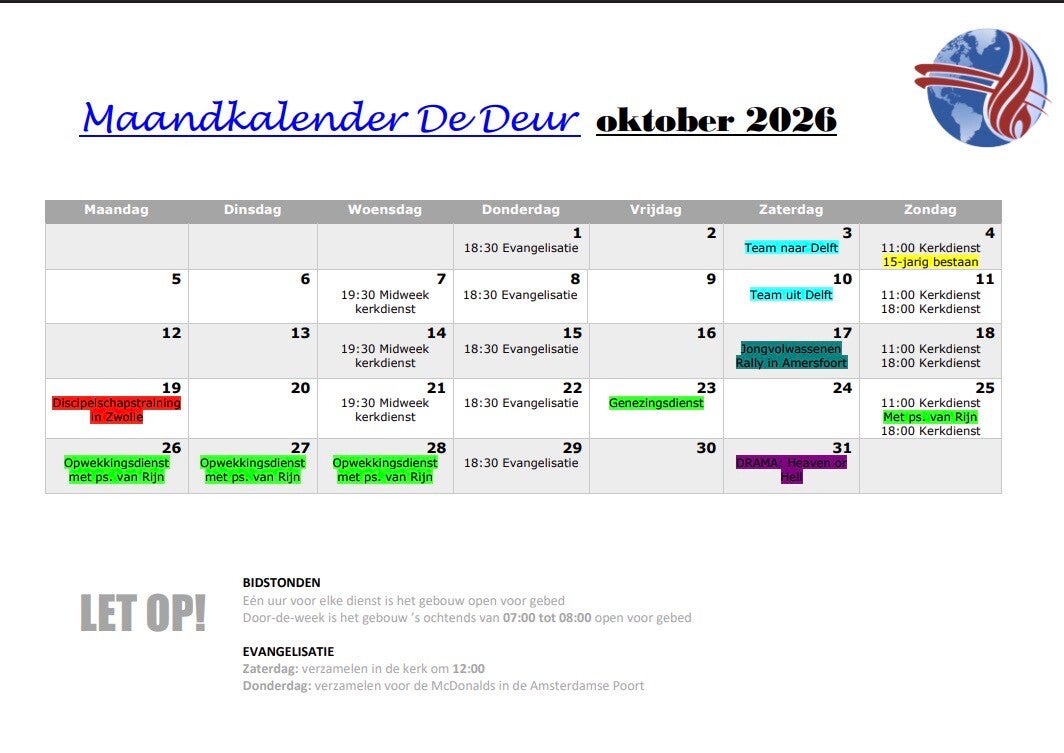 maandkalender voor de deur kerk