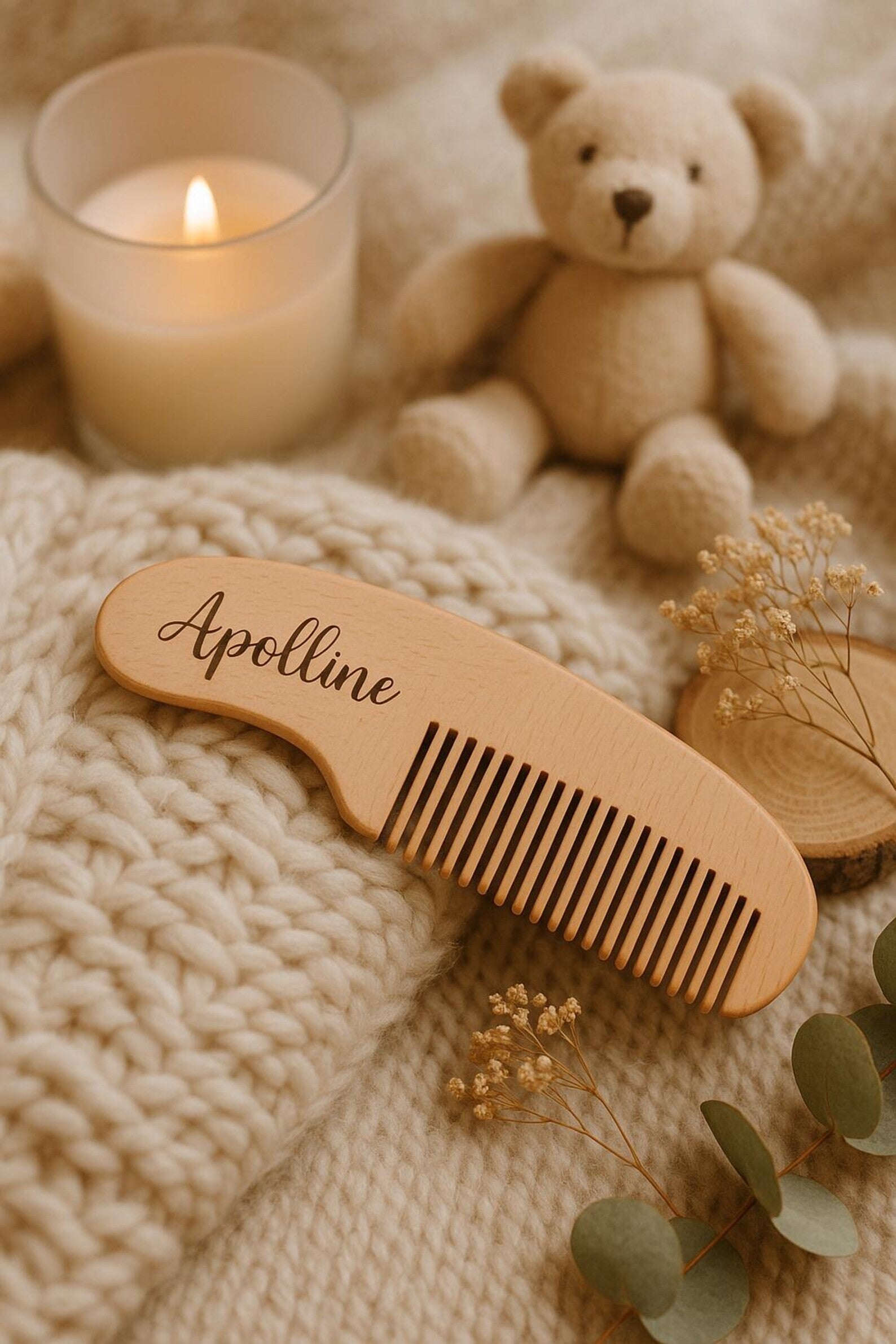 Peigne bébé en bois personnalisé avec prénom – Cadeau naissance, baptême, baby shower – Gravure laser – Accessoire cheveux naturel