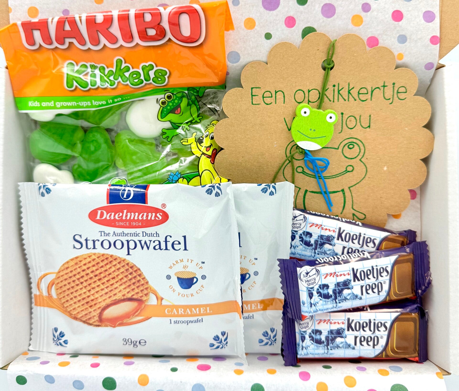 Postkadootje Opkikker | Kikkersnoepjes Haribo pocket size | Een opkikkertje voor jou gelukje | Stroopwafels | Koetjesreepjes | Kaartje naar keuze