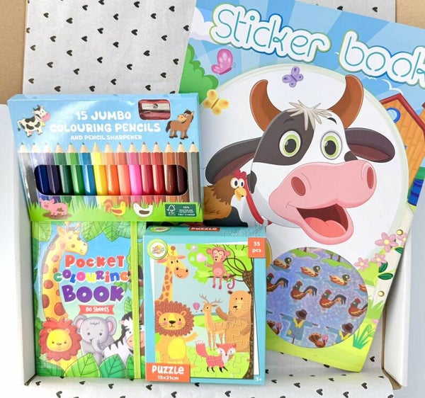 Kinderpostkadootje Fun | Pocket kleurboek zoo | Stickerboek dieren | Puzzel dieren | Jumbo kleurpotloden | Kaartje naar keuze