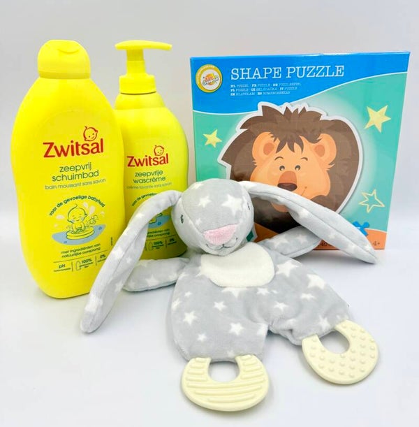 Kraamkadootje Zwitsal zeepvrij schuimbad | Zwitsal zeepvrije wascreme | Knispernijntje met bijtringen | Puzzel | Kaartje naar keuze.