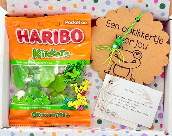 Postkadootje Bergkristal | BH hangertje bergkristal frisse en reinigende energie | Haribo snoepkikkers | Opkikkergelukje | Kaartje naar keuze