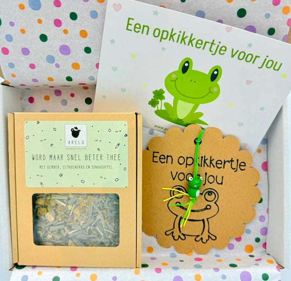 Postkadootje Beter worden | Word maar snel beter thee in doosje | Opkikkertje voor jou gelukje | Kaartje naar keuze