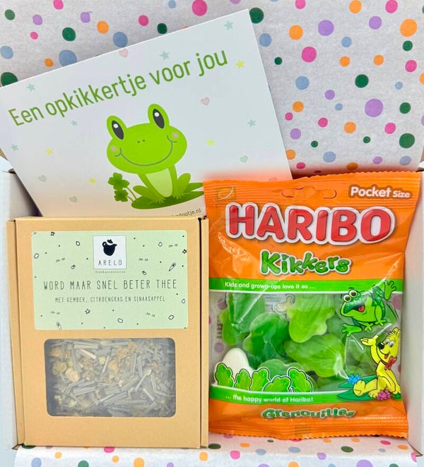 Postkadootje Beter worden | Word maar snel beter thee in doosje | Snoepkikkers Haribo | Kaartje naar keuze