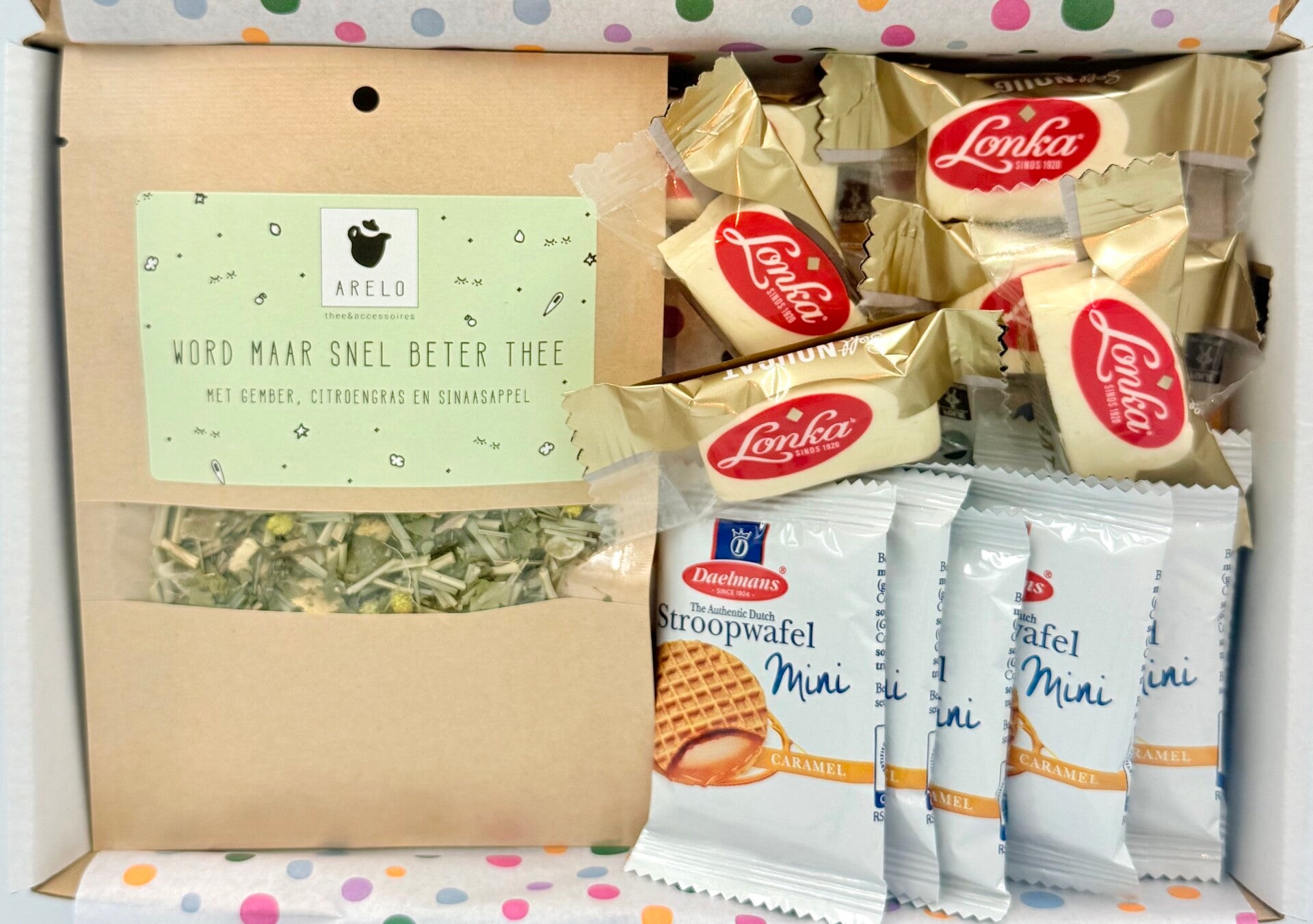 Postkadootje Beter worden | Word maar snel beter thee in zakje | Lonka nougat | Mini stroopwafeltjes | Kaartje naar keuze