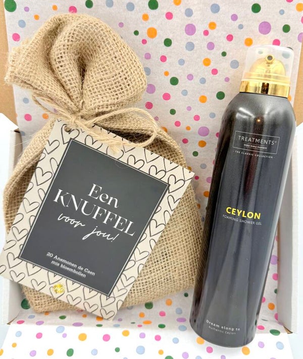 Postkadootje Ceylon | Treatments Foaming shower gel ceylon | Bloembollen in zakje een knuffel voor jou | Kaartje naar keuze