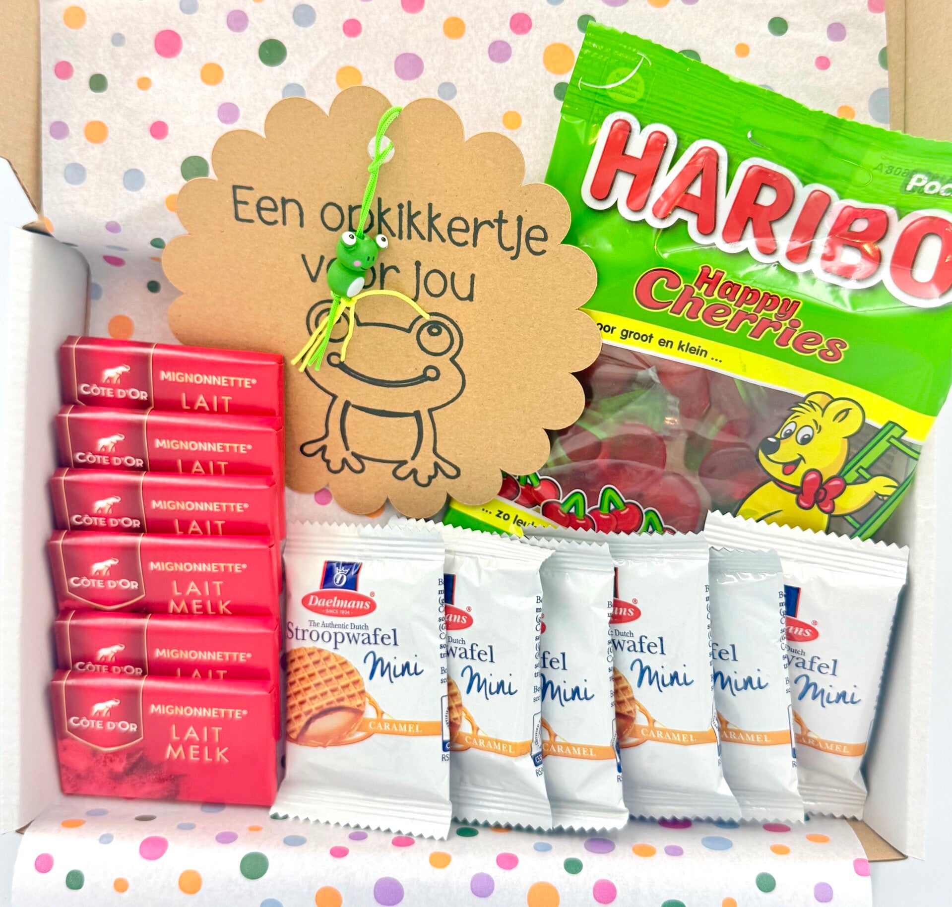 Postkadootje Cherries | Haribo cherries pocket size | Mini stroopwafeltjes | Cote d'or Mini chocolade  Opkikkertje voor jou gelukje | Kaartje naar keuze