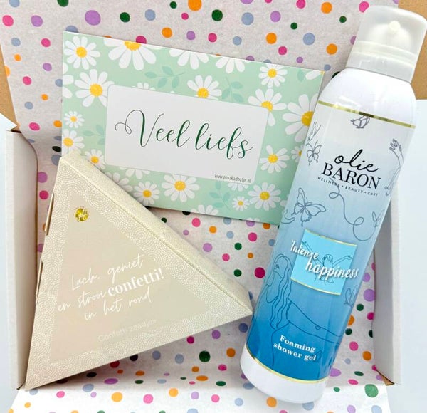 Postkadootje Confetti | Confetti zaadjes lach, geniet en strooi confetti in het rond | Olie Baron foaming shower gel intense happiness | Kaartje naar keuze
