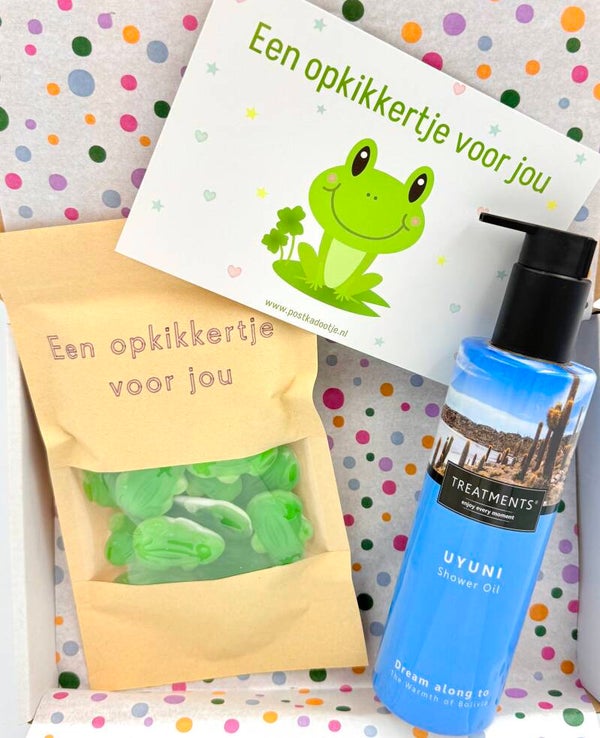 Postkadootje Dream | Treatments shower oil uyinu | Snoepkikkers in zak | Kaartje naar keuze