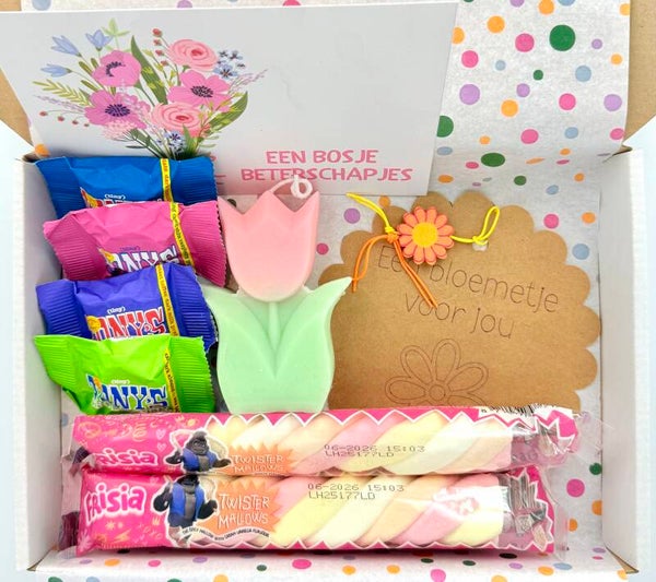 Postkadootje Flower | Tulpkaars met heerlijke geur | Spekkies | Tony's mini | Gelukje een bloemetje voor jou | Kaartje naar keuze.