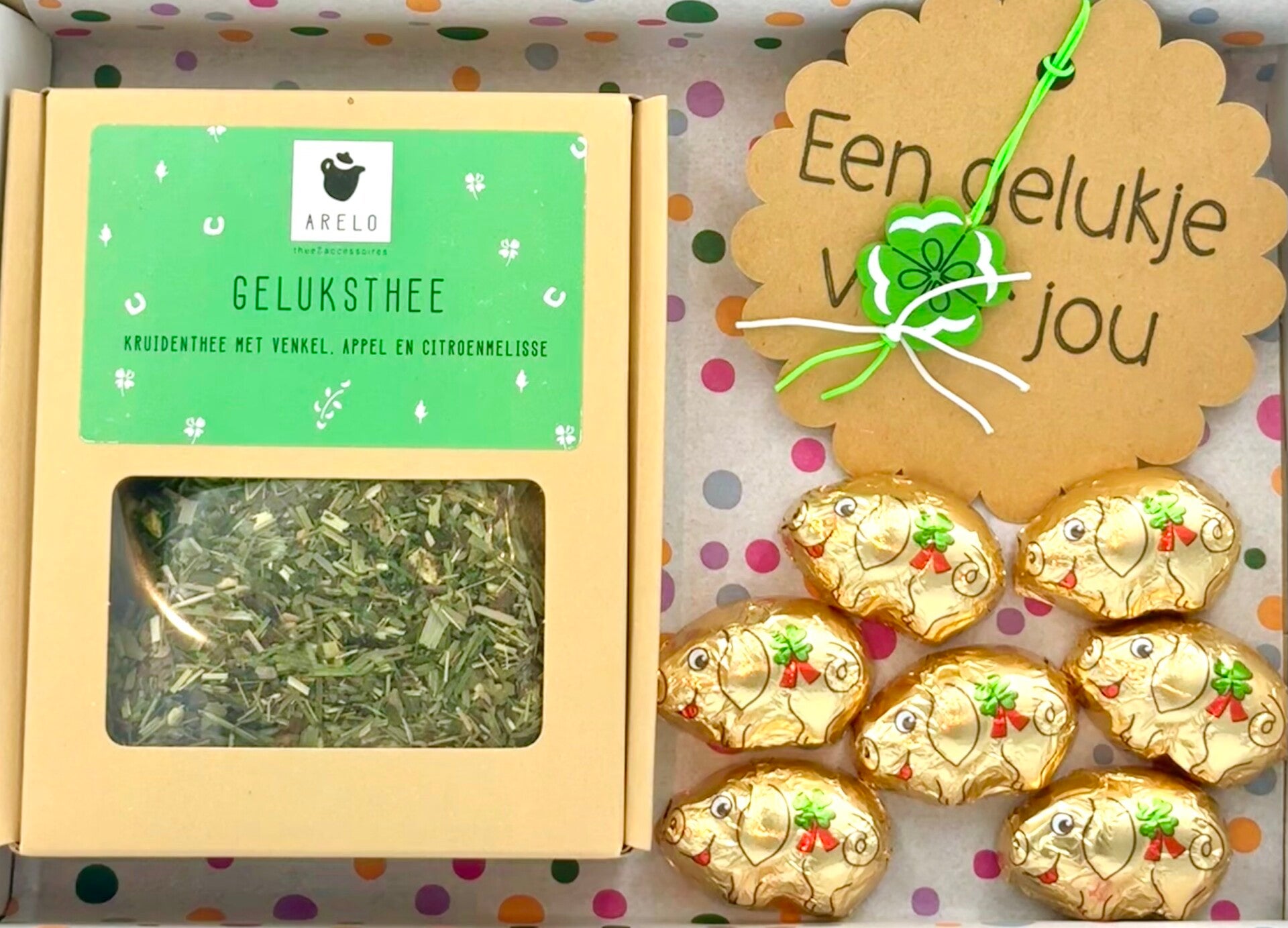 Postkadootje Gelukspret | Geluksthee in doosje | Gelukszwijntjes | Gelukje voor jou klavertje vier | Kaartje naar keuze