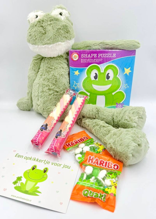 Postkadootje Kikker | Kikkerknuffel met lange armen en benen | Kikkerpuzzel | Spekkies | Haribo mini kikkersnoepjes | Kaartje naar keuze